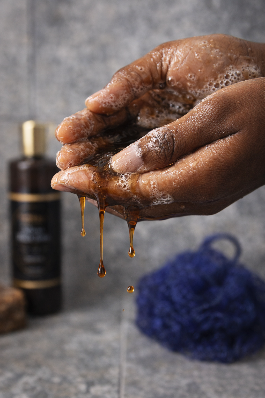Hands lathering Florless Liquid African Black Soap, rich amber soap dripping between palms